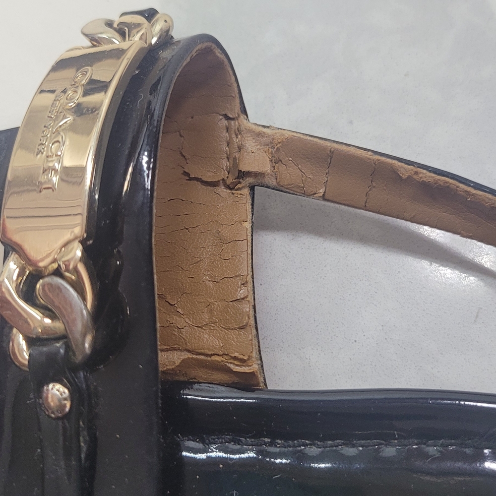 Coach Black Patent Leather T-Strap Sandals with Gold Plaque - Picture 7 of 10